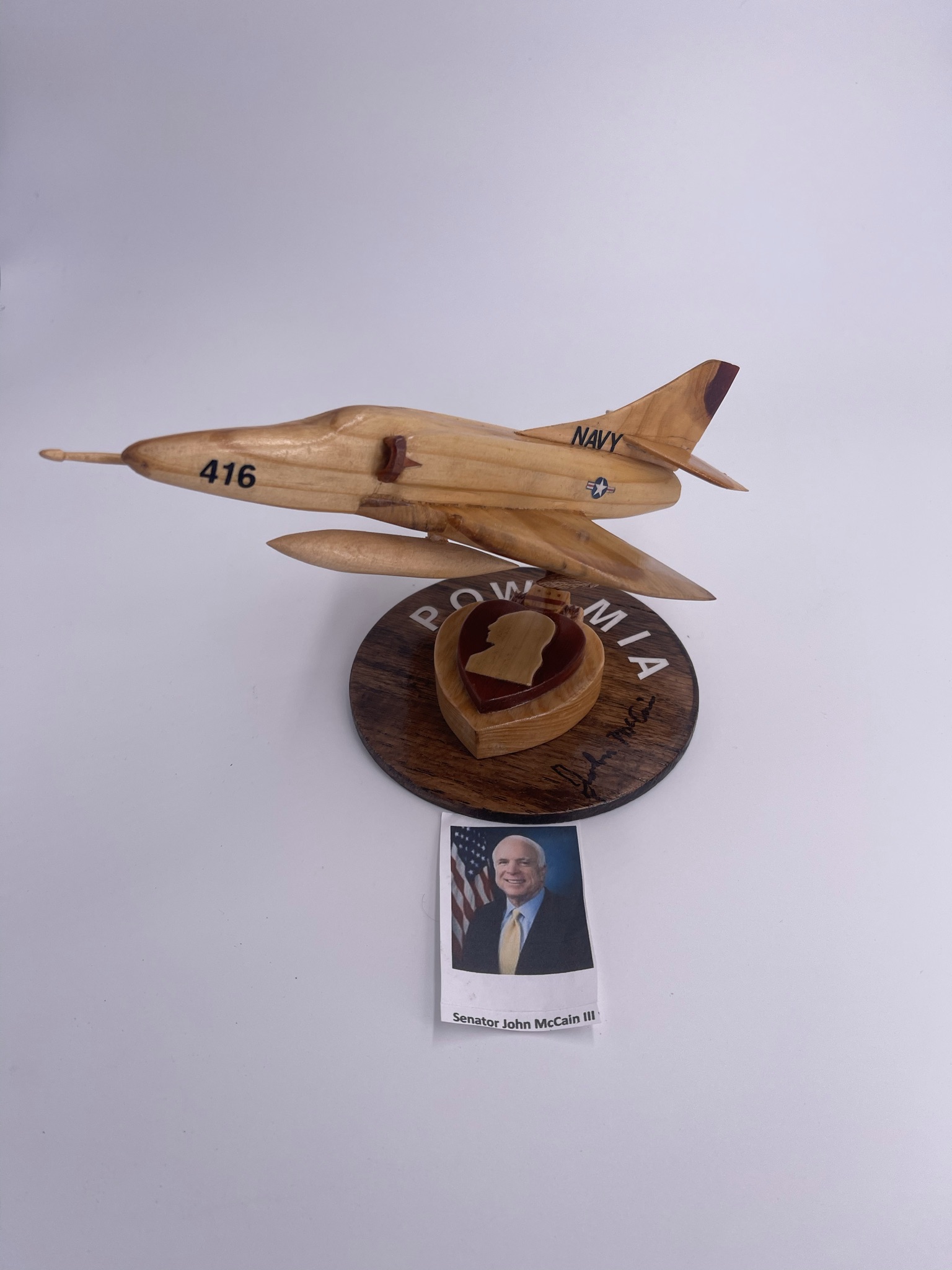 Handmade Wooden A-4 signed by John McCain with a purple heart design base
